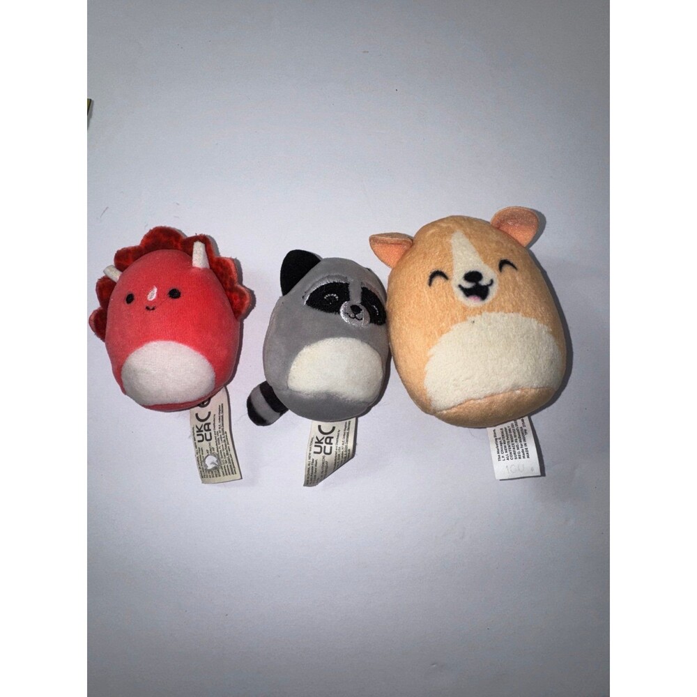 3 Mini Squishmallow Mini Squishmallow Plush Toys - Raccoon, Corgi, Dinosaur B7